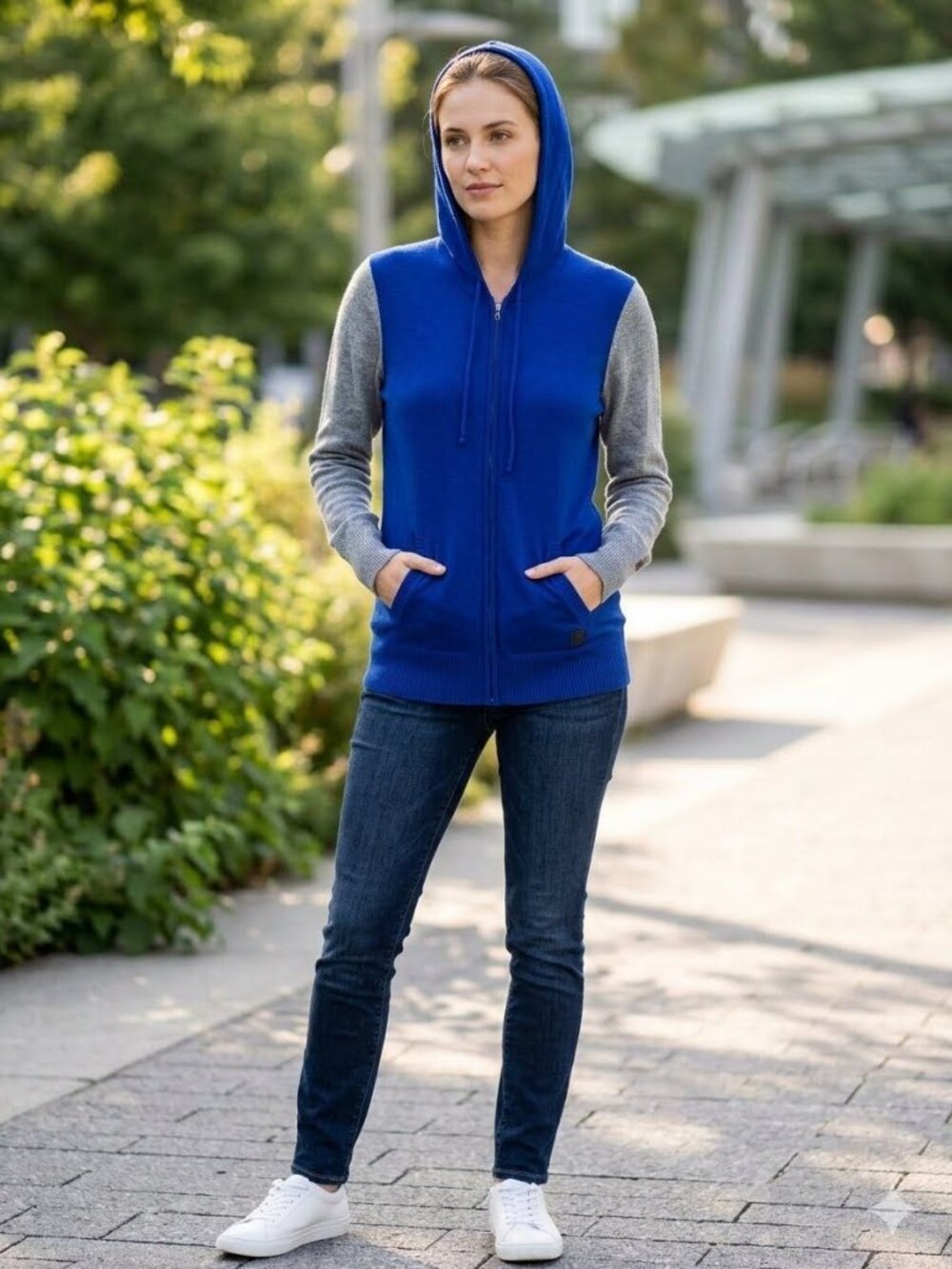 Cashmere Blend Colorblock Womens Blue Gray Hoodie Zip Cardigan Sweater XL Lounge